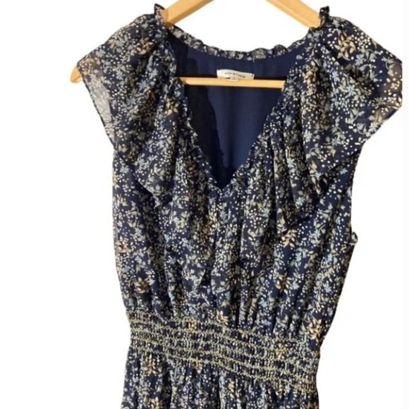MAX STUDIO Navy Blue Floral Ruffled Georgette V-Neck Sleeveless Maxi Dress - Picture 3 of 9
